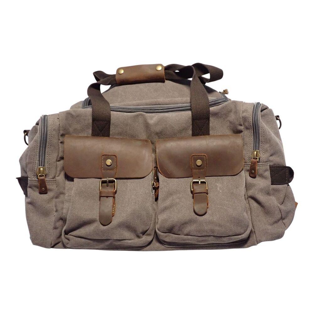 WOWBOX Duffel Bag Canvas Travel Weekender Gray Brown Leather Trim Large Carryall